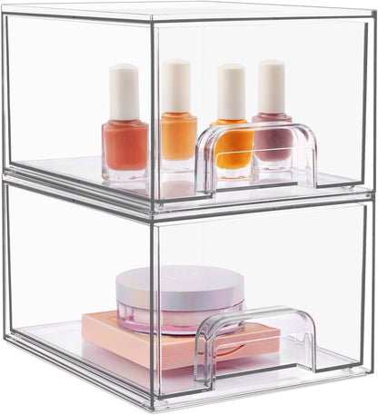 2 Pack Clear Stackable Storage Drawers,Makeup Organizer,4.4'' Tall Acrylic Bathroom Organizers,For Vanity, Undersink, Kitchen Cabinets, Pantry, Home Organization