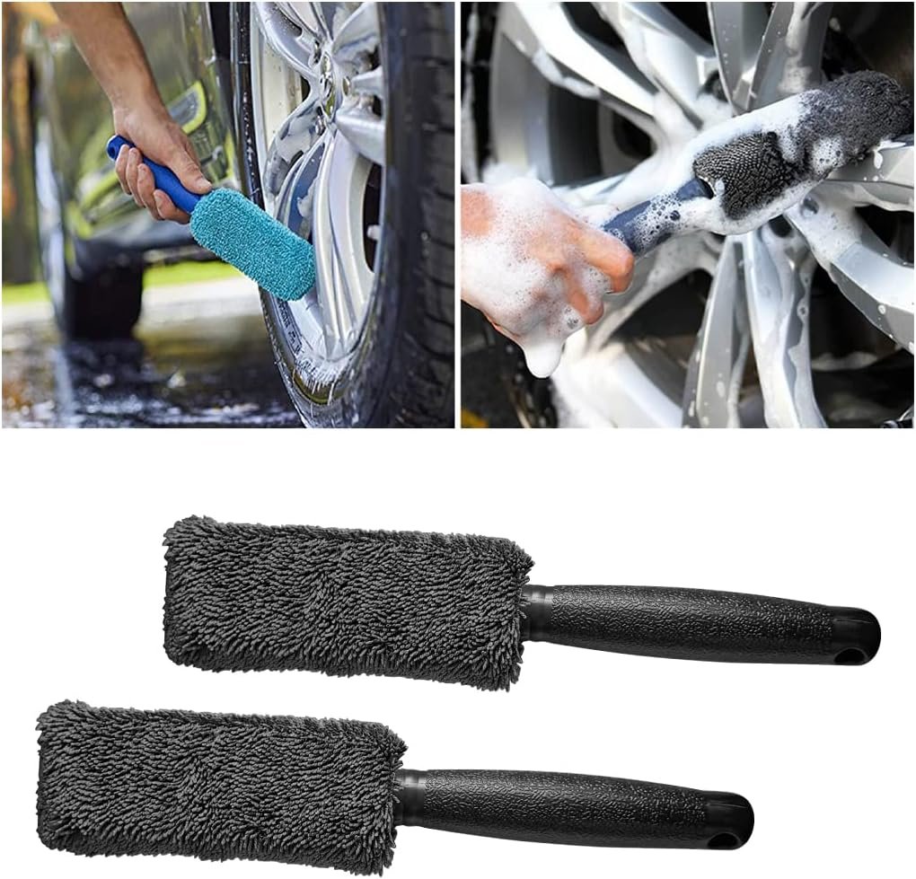 AICEL 2 Pcs Wheel Brush, Soft Microfiber Metal Free Rim and Wheel Brushes Kit, Easy Reach Tire Detailing Washing Tool, Professional Grade Scratch Free Wheel Cleaning Set for Cars, Motorcycles (Gray)