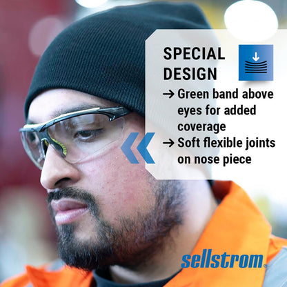 Sellstrom Stylish, Slip-Resistant, Lightweight, Anti-Fog Coating Protective Eyewear Safety Glasses, Clear Lens, Light Frames, Ultra-Thin Co-Molded Temples, Soft Nose Piece (Qty 1), Black/Green, S72000