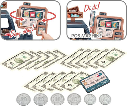 Pretend Play Coffee Maker Toy Role Play Coffee Shop Party Playset with Coffee Machine Cash Registers Toy Food Dessert Donuts Cakes Set Early Learning Funtional Toy for Kids Birthday