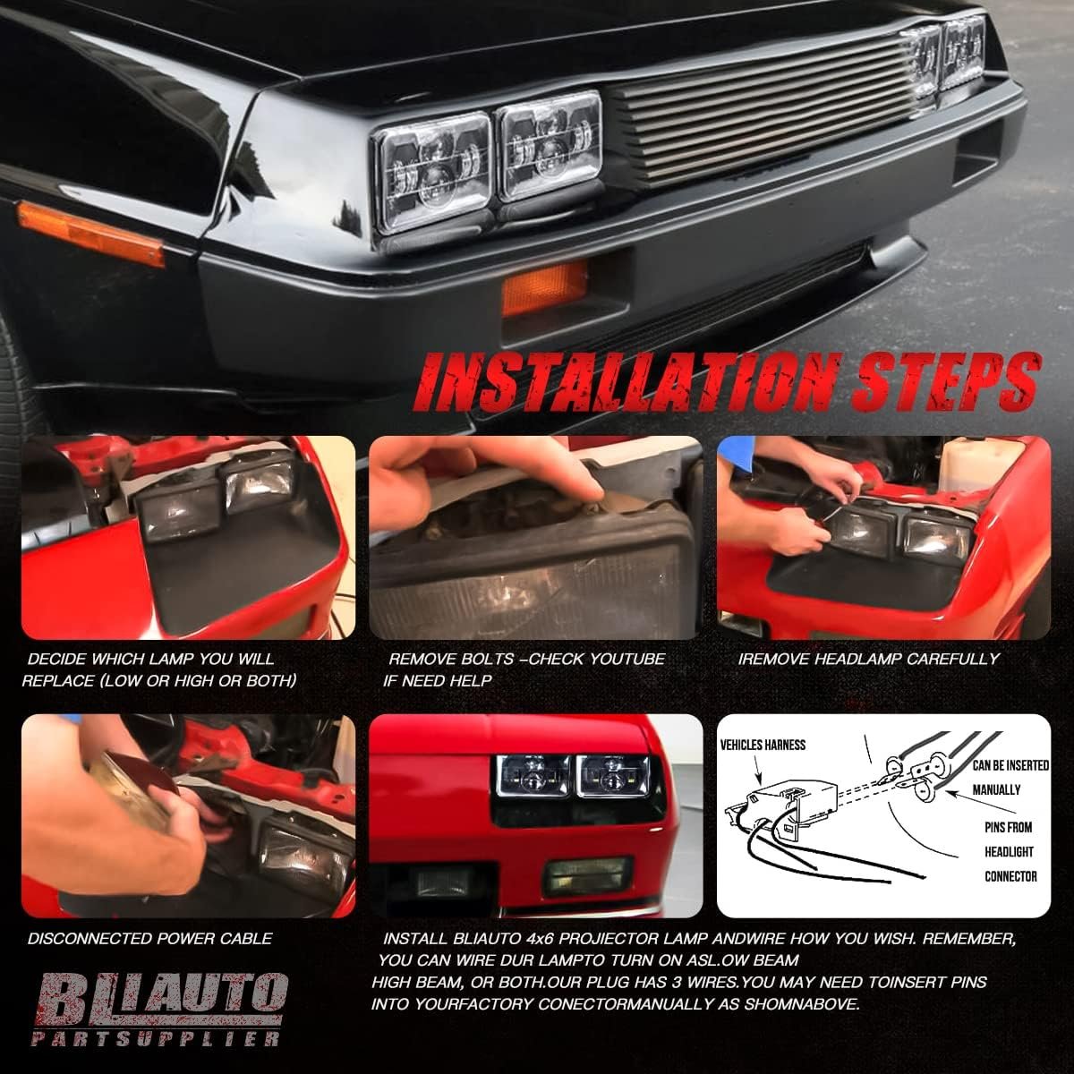BLIAUTO Dot Approved 4x6 Inch LED Headlights 60W Hi/Low Sealed Beam Headlight Replace H4652 H4656 H4666 H6545 Headlamp for Peterbilt Kenworth Freightliner Ford Probe Chevy Oldsmobile Cutlass Trucks