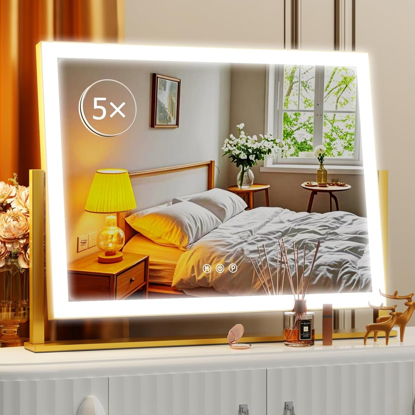 Lighted Makeup Mirror, 17.3"x13" Hollywood Vanity Mirror with Lights, Three Color Lighting Modes, and 5X Magnification Mirror, Smart Touch Control, 360°Rotation (Gold, Gift Box)