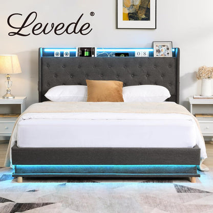 Levede Double Bed Frame,Fabric Upholstered Bed Base with Gas Lift Storage, RGB LED Lights, USB Charging,Headboard,Under Bed Storage Space, Easy Assembly, Bedroom Furniture