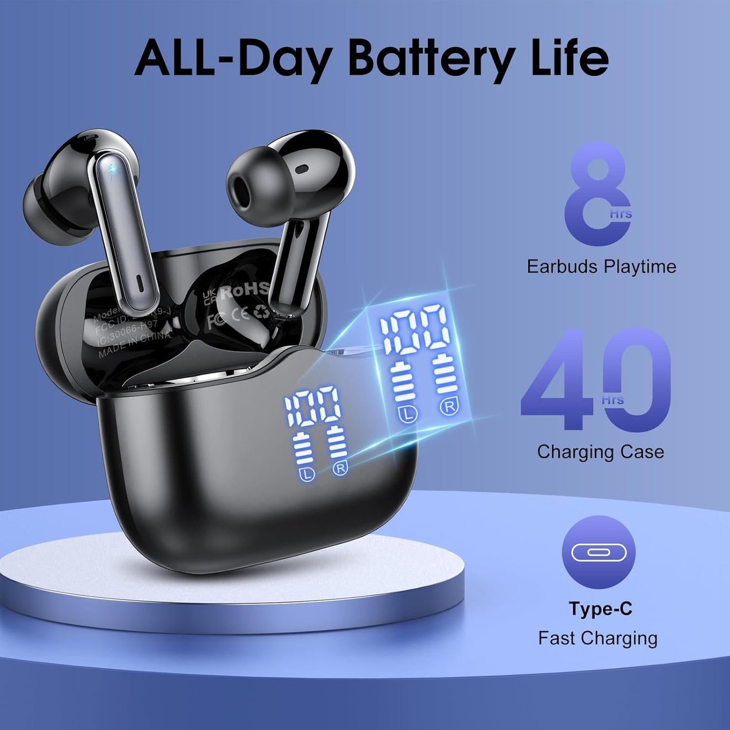 Wireless Earbuds, Bluetooth Headphones 5.4 HiFi Stereo, 40 Hrs Wireless Ear Buds with 4 ENC Noise Cancelling Mics, LED Digital Display USB C, IPX7 Waterproof in Ear Earphones for iOS and Android Black