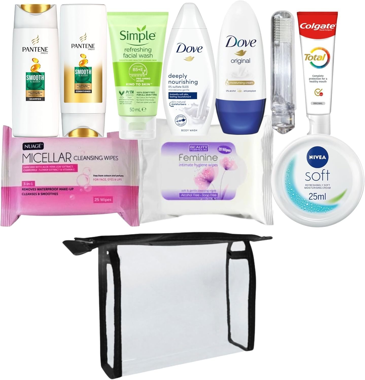 Travel Toiletries Set for Women - Mini Kit, Essentials for Hospital Stay, Maternity, Airport Security Approved Liquids - Clear