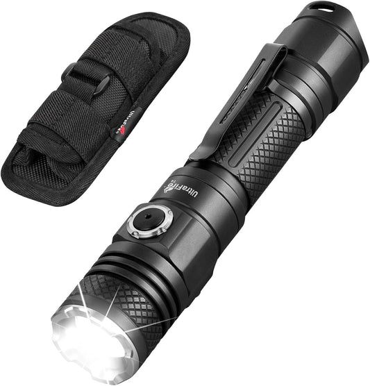 ULTRAFIRE Tactical Flashlight Torch with Holster, 1200 High Lumen Rechargeable LED Flashlight, Zoomable Small EDC Flashlight with Duty Belt Holder Pouch, 6 Modes Bright Flash Light, T4