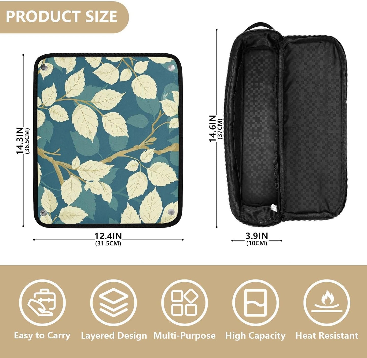 Borsa da viaggio per strumenti per capelli e tappetino resistente al calore, custodia da viaggio a doppio strato per utensili caldi e accessori per la cura dei capelli, foglia di timo, beige, foglia