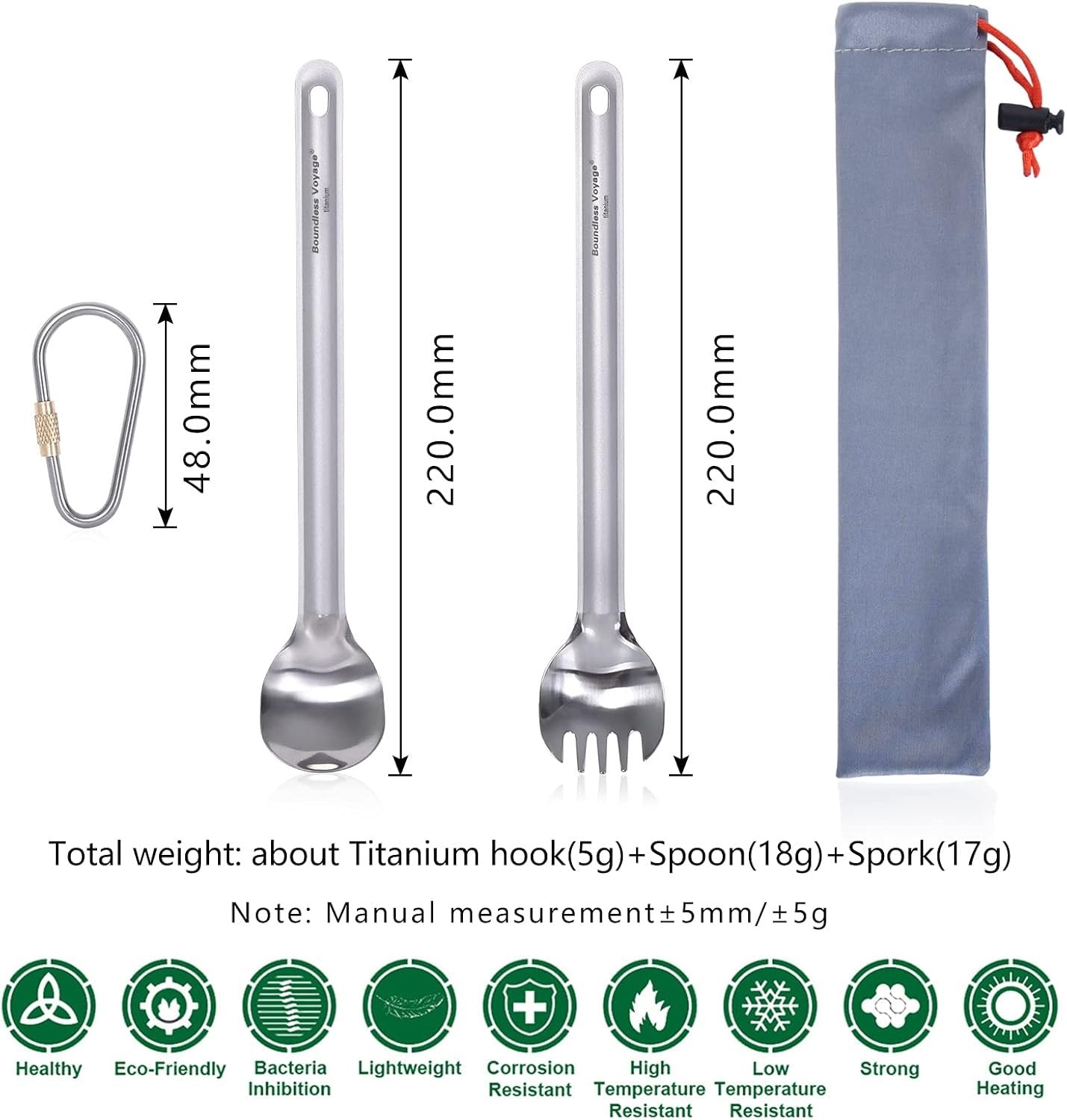 Boundless Voyage 220mm Titanium Long Handle Spoon Spork with Polished Bowl Lightweight Never-Rust (Ti) Professional Flatwear for Outdoor Camping/Travel/Home Use/with Storage Pouch 0.61oz Only