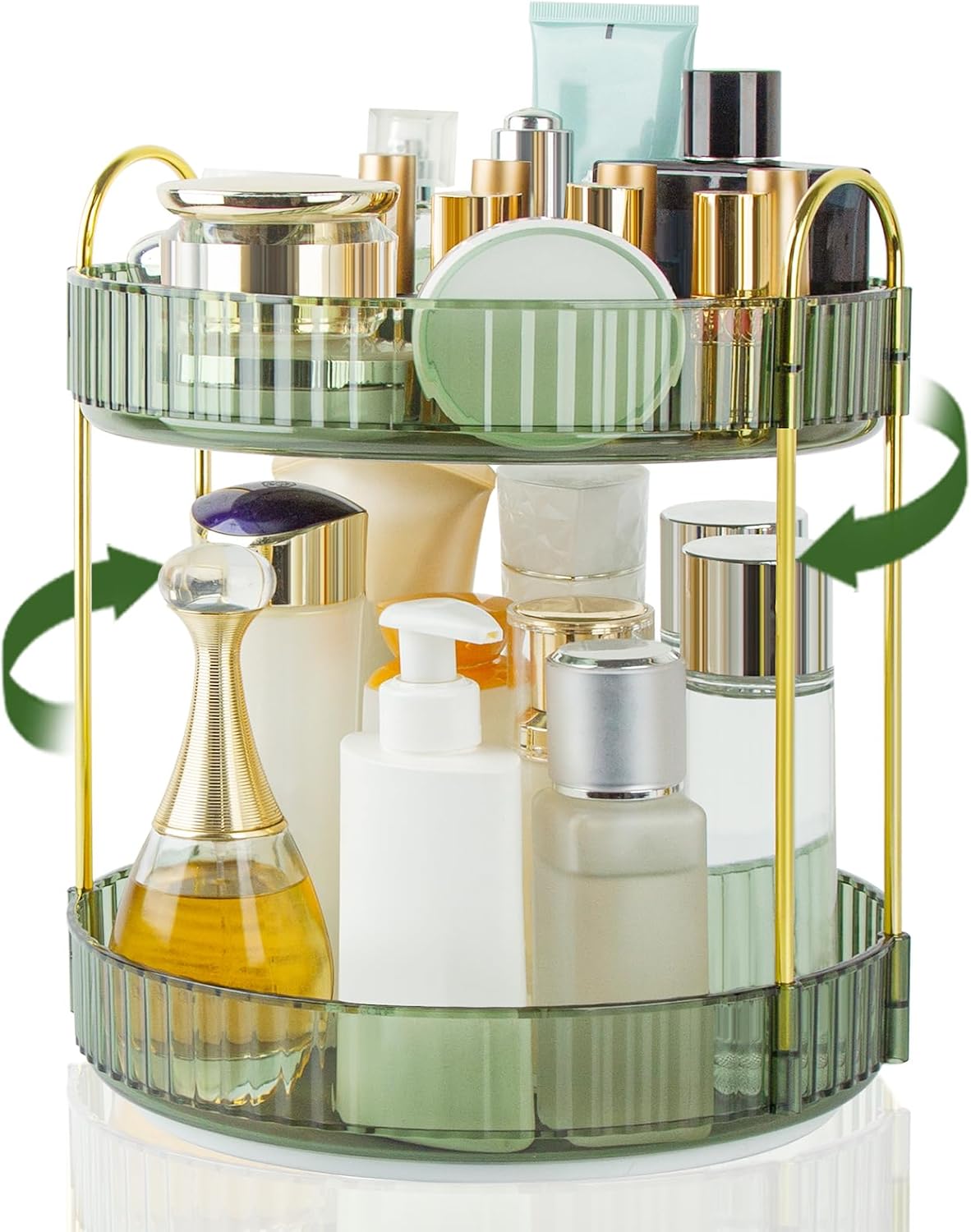 Boxalls 360° Rotating Makeup Organizer, Large Capacity Makeup Organizer, Bathroom Makeup Organizer, Desktop Makeup Storage Box Cream Display (2 Tiers, Green)