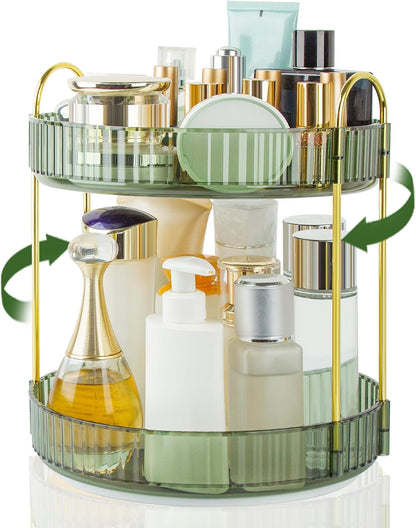 Boxalls 360° Rotating Makeup Organizer, Large Capacity Makeup Organizer, Bathroom Makeup Organizer, Desktop Makeup Storage Box Cream Display (2 Tiers, Green)