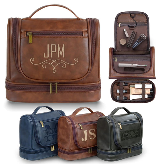 Personalized Hanging Toiletry Bag for Men, Large Capacity PU Leather Vintage Color Travel Dopp Kit, Gifts for Dad Husband Boyfriend Groomsmen, Engraved Custom Name, Birthday Father's Day Xmas Wedding (Style3)