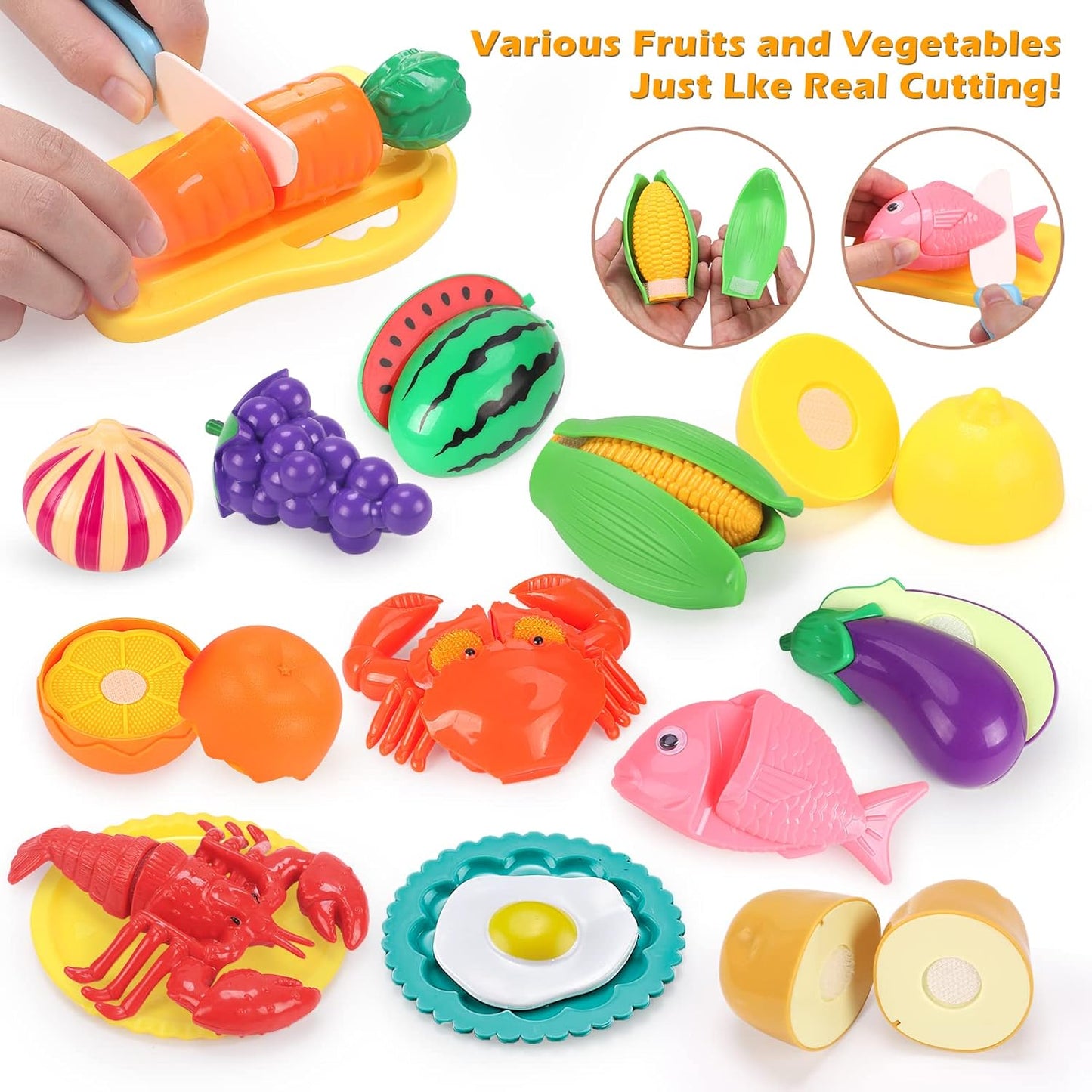 Qizebaby Kids Kitchen Pretend Play Toy Set with Stainless Steel Cookware, Cooking Utensils, Apron & Chef Hat, Cutting Fruits & Vegetables, Preschool Kitchen Play for Toddler Boys & Girls