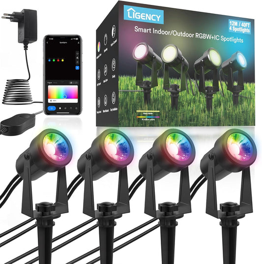 Ligency Smart Outdoor Spotlights, Waterproof RGBIC Landscape Spotlight, 40FT LED Pathway Lights, Low Voltage Landscape Lighting for Garden, Yard and Patio, Work with Alexa Google Assistant, 4 Pack
