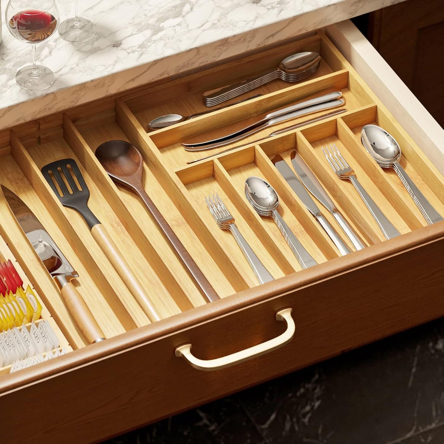 SpaceAid Bamboo Silverware Drawer Organizer with Labels, Kitchen Utensil Expandable Tray Holder Organizer for Flatware, Cutlery, Spoon and Knives Drawer Storage Organization (Natural, 10 Slots)