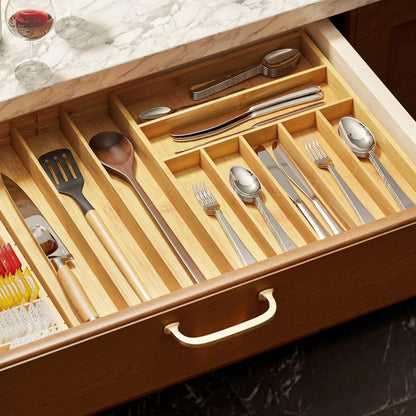 SpaceAid Bamboo Silverware Drawer Organizer with Labels, Kitchen Utensil Expandable Tray Holder Organizer for Flatware, Cutlery, Spoon and Knives Drawer Storage Organization (Natural, 10 Slots)