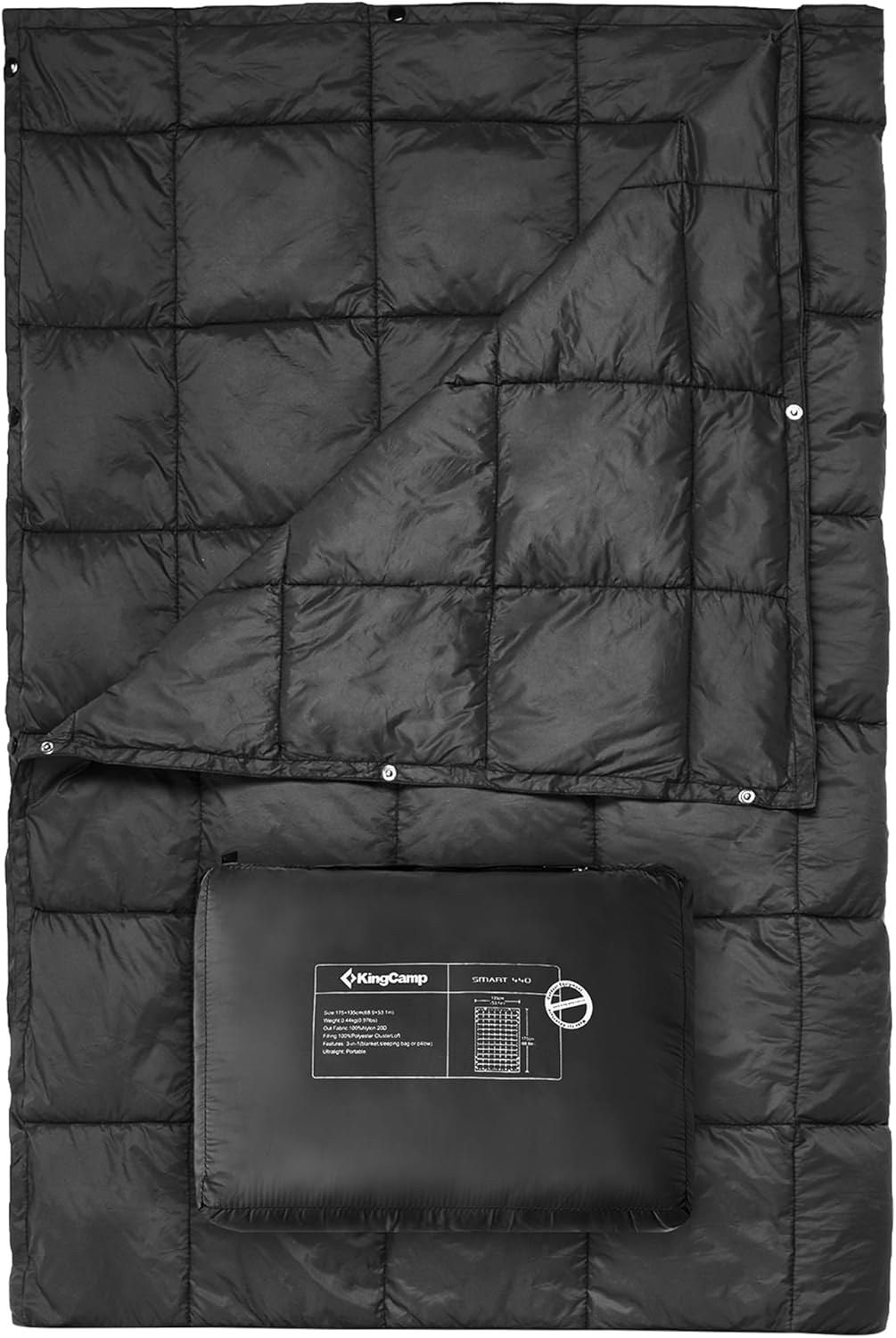 KingCamp XL Oversize Packable Lightweight Travel Down Alternative Warm Camping Blanket, Large Compact Outdoor Waterproof Insulated Blanket for Airplane, Hiking, Backpacking, Stadium, Park, Black
