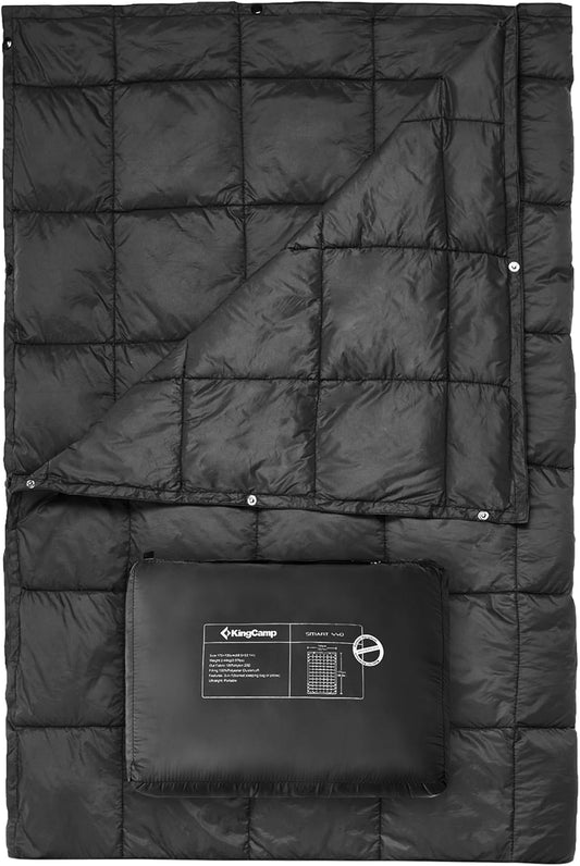 KingCamp XL Oversize Packable Lightweight Travel Down Alternative Warm Camping Blanket, Large Compact Outdoor Waterproof Insulated Blanket for Airplane, Hiking, Backpacking, Stadium, Park, Black