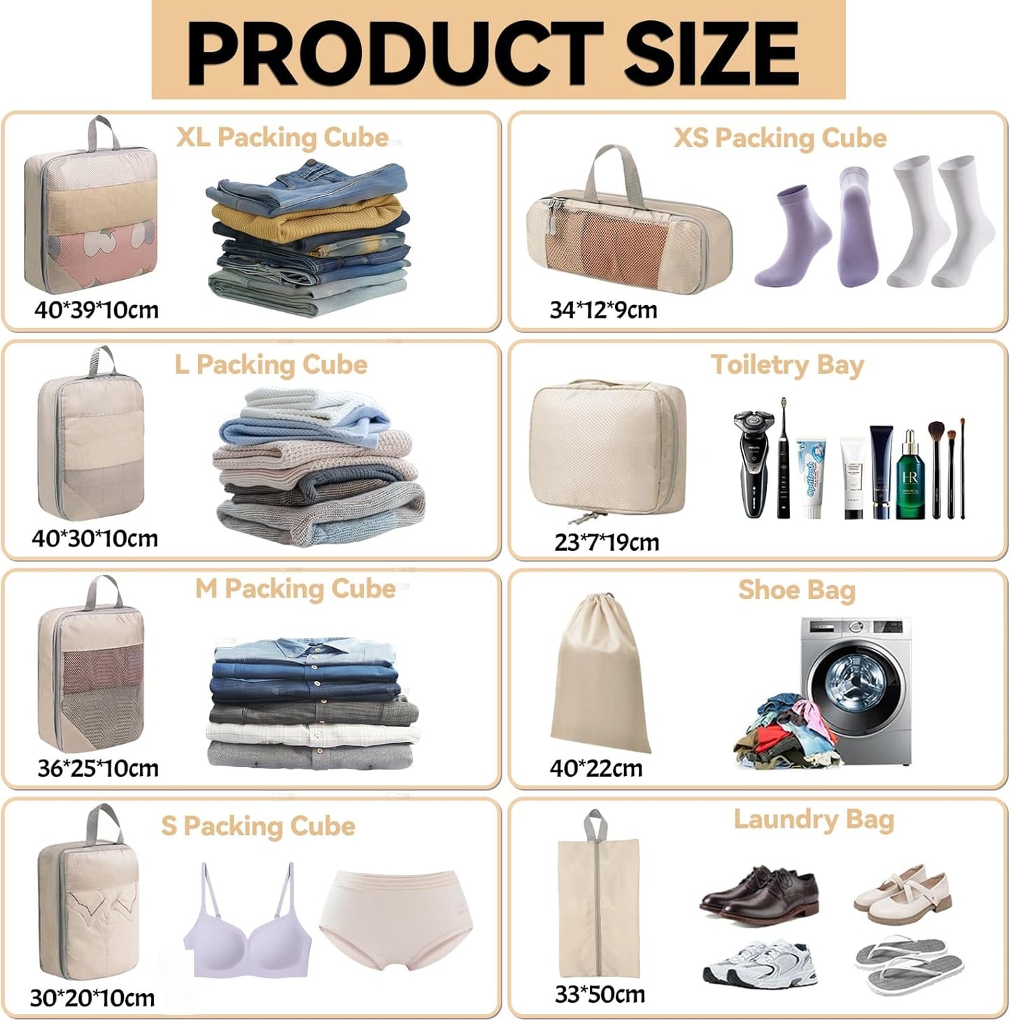 8-Piece Suitcase Organizer, Packing Cubes Compression Organizers Suitcase Travel Vacation and Travel, Organizer Suitcase Set, Space-Saving Suitcase Organizer (Beige)