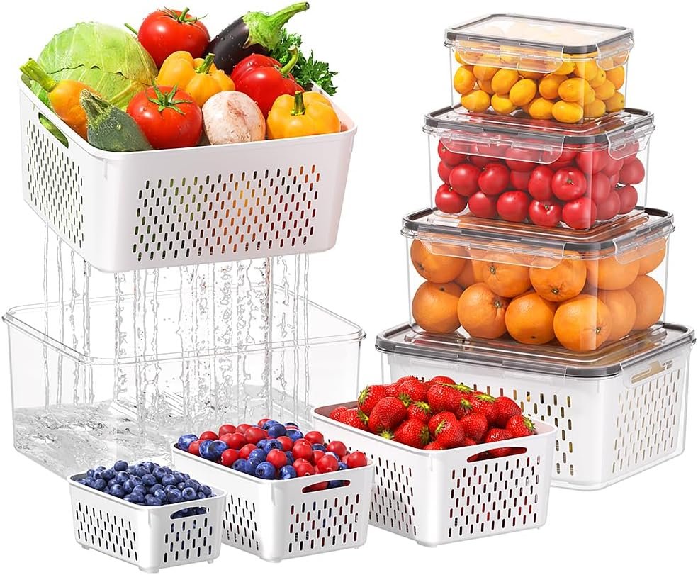 5 PCS Large Fruit Storage Containers for Fridge, Airtight Food Storage Containers with Removable Colander, Dishwasher & Microwave Safe, Berries Containers Keep Vegetables, Fruits Fresh Longer