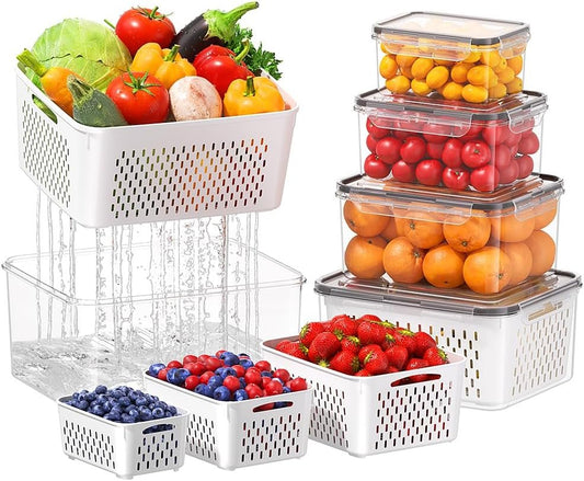 5 PCS Large Fruit Storage Containers for Fridge, Airtight Food Storage Containers with Removable Colander, Dishwasher & Microwave Safe, Berries Containers Keep Vegetables, Fruits Fresh Longer