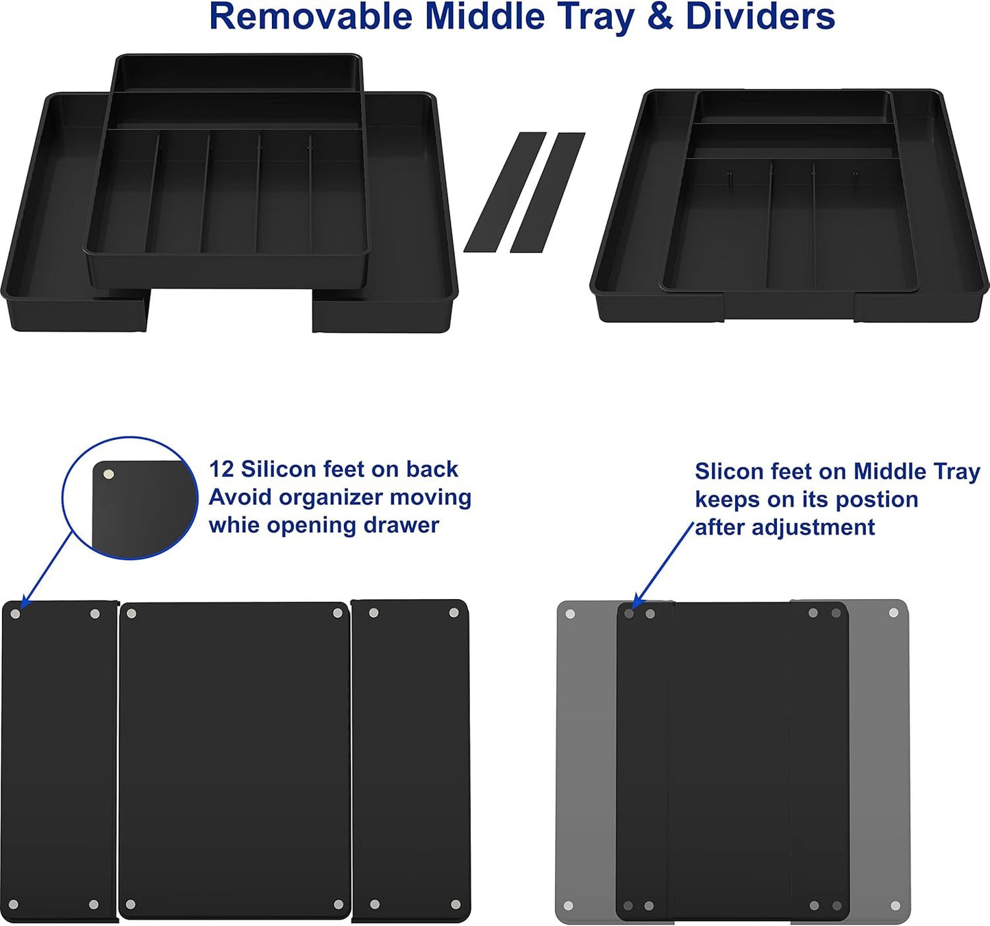 Simple Houseware Cutlery and Utensil Tray Drawer Organizers, 13 to 25 Inches Expandable Width for Kitchen, Black