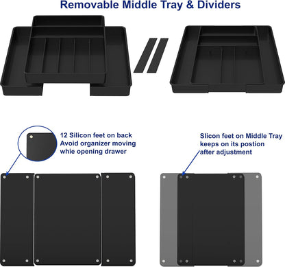Simple Houseware Cutlery and Utensil Tray Drawer Organizers, 13 to 25 Inches Expandable Width for Kitchen, Black