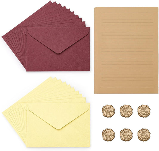 LELE LIFE 46Pcs Stationary Set and Envelopes (20 Lined Stationery Paper + 20 Linen Texture Vintage Envelope + 6 Wax Seal Stickers) for Letter Writing, 2 Colors Stationary Kit