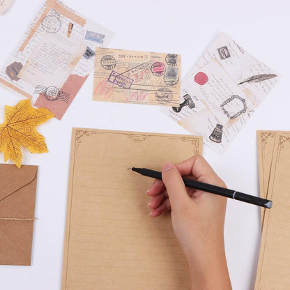 KUANVE Set of 5 Vintage Stationery Paper and Envelopes Set, 20 Sheets Antique Lined Aged Letter Writing Paper, 10 Matching Envelopes, 10 Hemp Ropes, 10 Retro Keys and 10 Sealing Stickers
