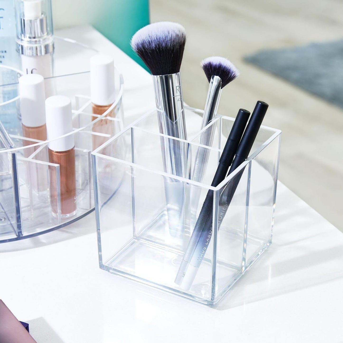 iDesign The Collection Makeups, 3 Compartments Bathroom Organizer from Sarah Tanno Signed Collection, Plastic Makeup Brush Holder for Pencils and Eyeliners, Transparent, 10.5 x 10.5 x 10.6 cm
