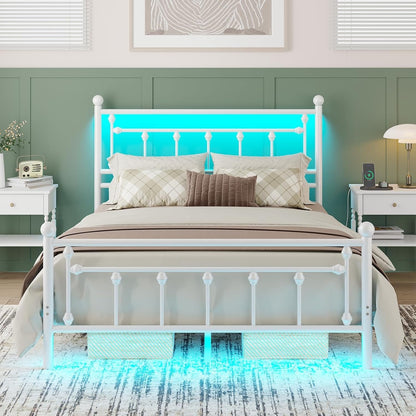 Bed Frame Full Size with Charging Station, LED Bed Frame with Victorian Style Headboard, Under-Bed Storage, No Box Spring Needed, Easy Assembly, White