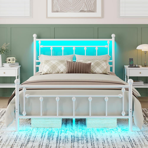 Bed Frame Full Size with Charging Station, LED Bed Frame with Victorian Style Headboard, Under-Bed Storage, No Box Spring Needed, Easy Assembly, White