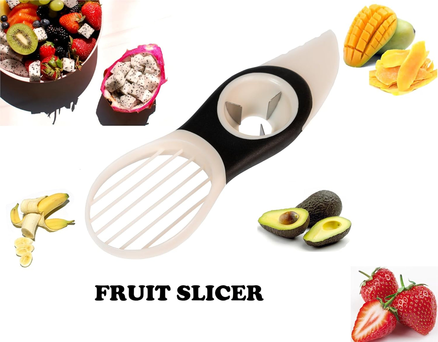 PHOENA Avocado Tool Fruit Slicer Pitter 3 in 1 White & Black Kitchen Gadget Tool Comfortable to Grip Core Remover Food Safe Fruit & Vegetable