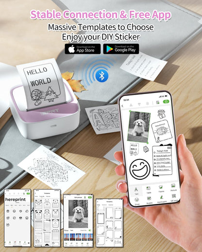 iDPRT Sticker Printer, Portable Thermal Printer with 1 Roll Sticker Paper, Bluetooth Inkless Printer Mini Label Maker for Study, DIY, Notes, Mini Label Maker with Multiple Template in Free App, Pink