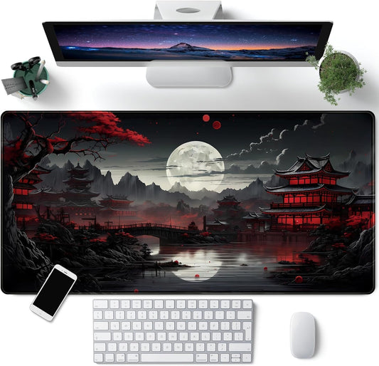Japanese Desk Riverside Full Moon Mouse Pad Large Dark Aesthetic Table Gaming Mat Extended XXL 31.5 x 15.7 Laptop Keyboard (Moon)