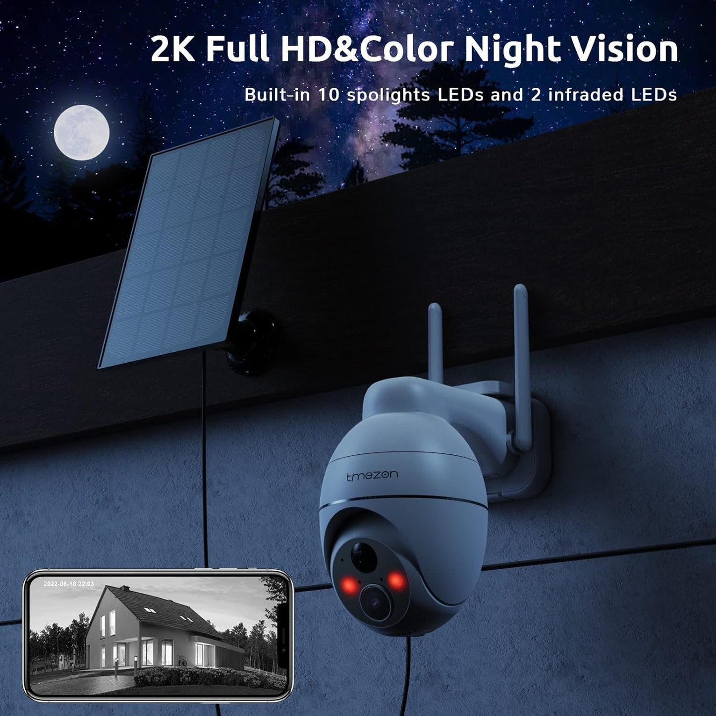 TMEZON Solar Battery Surveillance Camera Outdoor, 2K Wireless PTZ WLAN IP Outdoor Camera with Colour Night Vision, PIR Motion Sensor, Siren/White Light Alarm, 2-Way Audio, 2.4GHz WiFi CloudEdge App