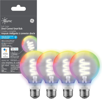 GE Cync Full Colour Direct Connect Smart Bulb (LED G25 Bulb), 60W Replacement, Bluetooth/WiFi Enabled, Works with Alexa, Google Assistant Without Hub Pack of 4