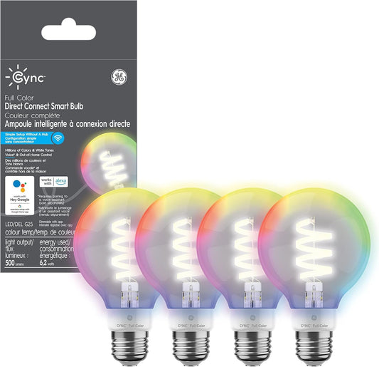 GE Cync Full Colour Direct Connect Smart Bulb (LED G25 Bulb), 60W Replacement, Bluetooth/WiFi Enabled, Works with Alexa, Google Assistant Without Hub Pack of 4
