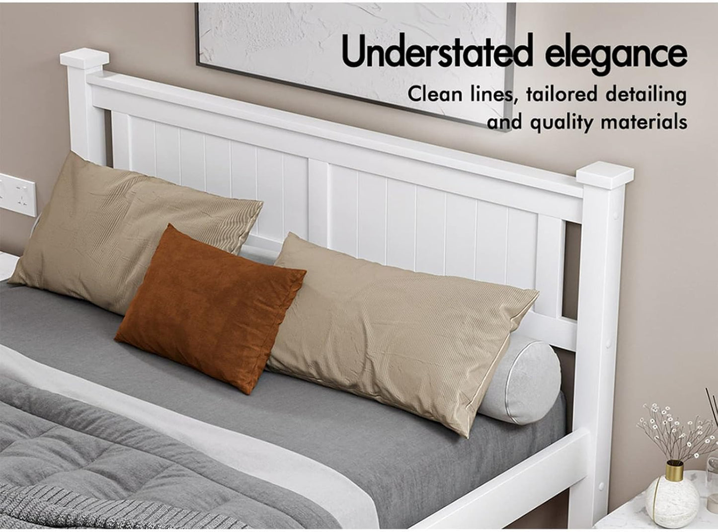 ALFORDSON Double Bed Frame Wooden Bed Base with Solid Wood Pine Timber Slats, Mattress Base Platform with Storage Space, White Bed Foundation with High Headboard, Arne Series Bedroom Furniture