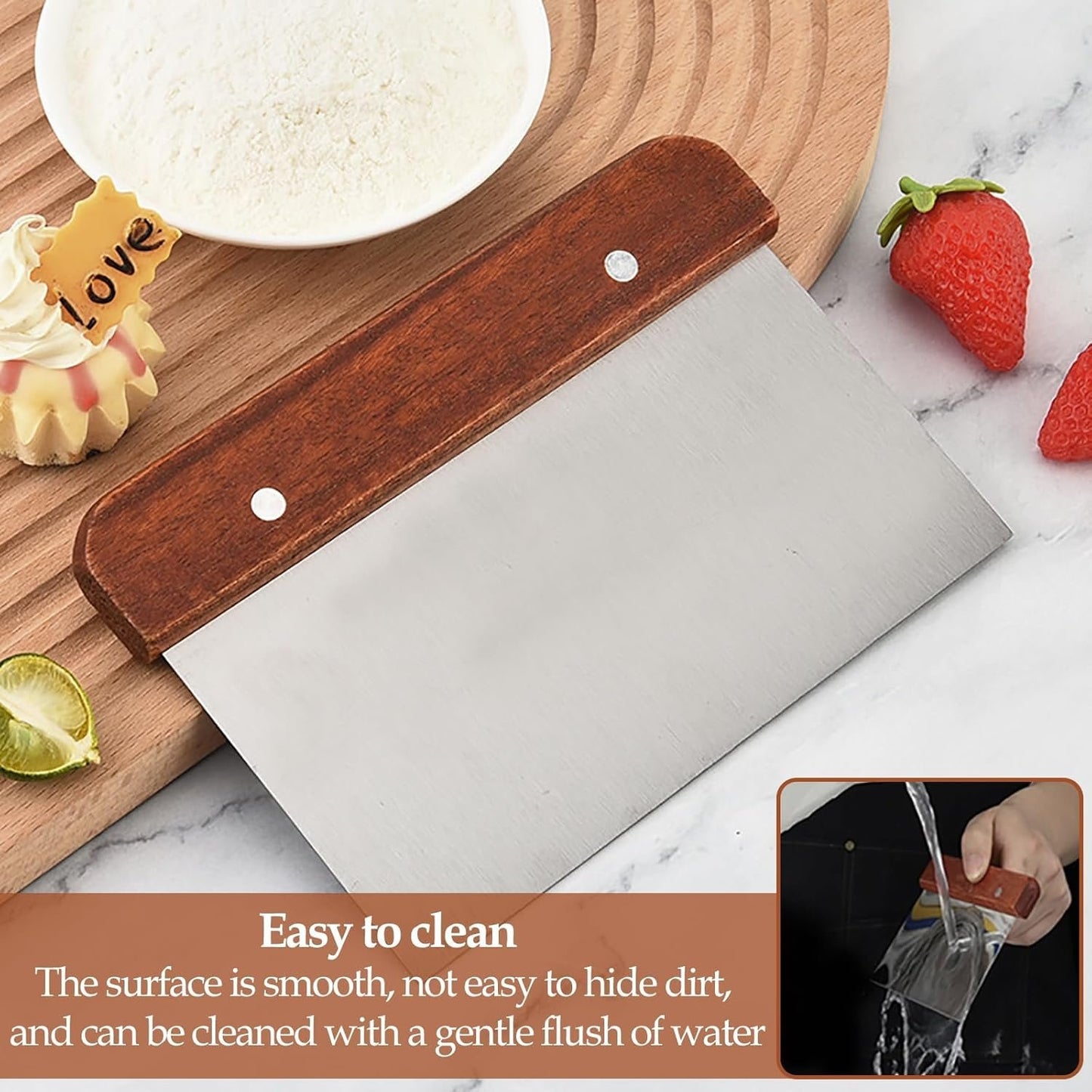 2 Pack Dough Scraper, Stainless Steel Bench Scraper Kitchen Bread Making Tools Pastry Cutter with Wooden Handle Durable Kitchen Gadgets for Baking Cake Pizza