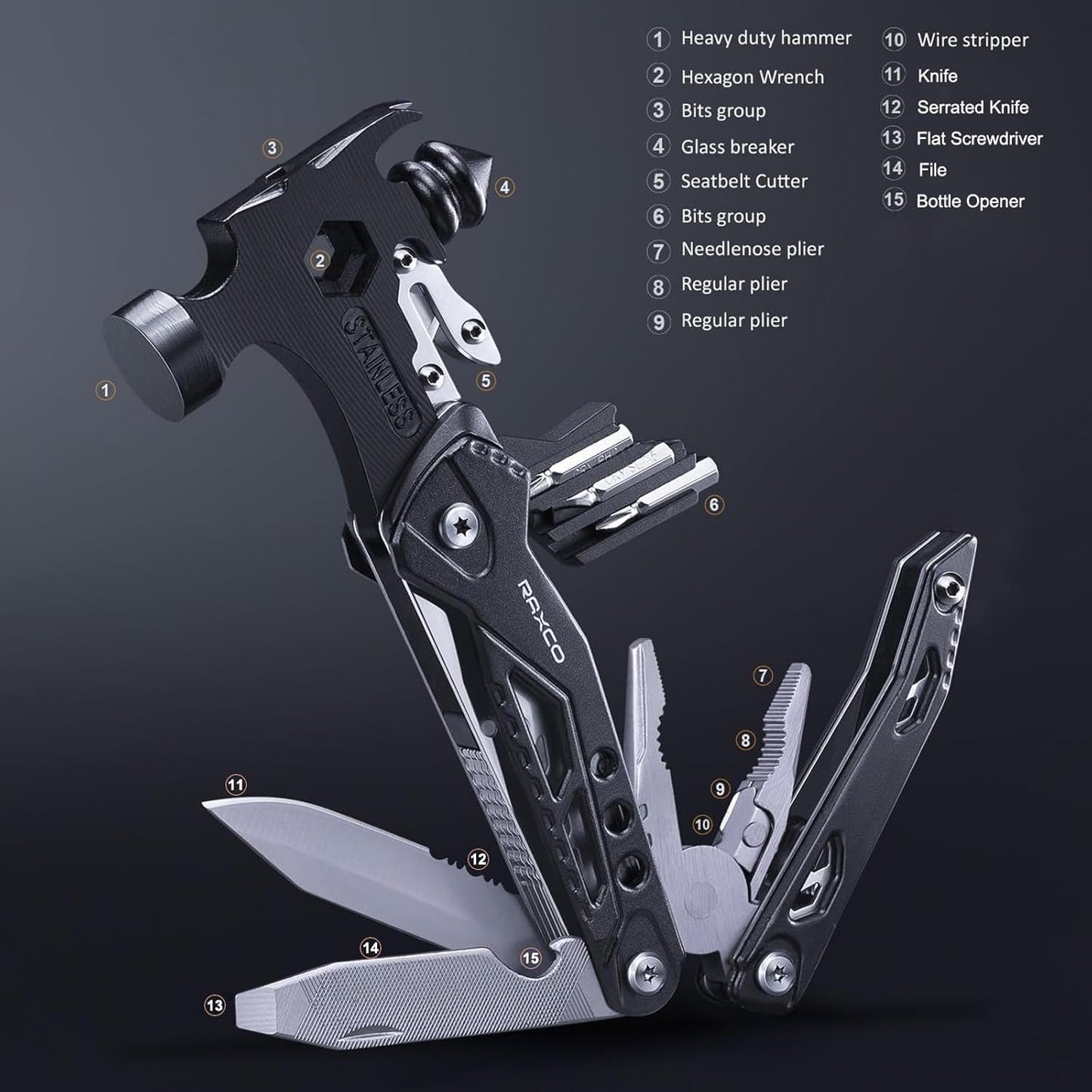 RAXCO 15-in-1 Multitool-Claw Hammer, Pliers,Belt Cutter & Safety Glasses Breaker