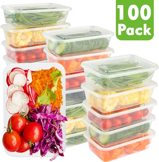 100 Pack Plastic Takeaway Food Containers Disposable with Lids 650mL - Microwave, Freezer & Dishwasher Safe - Reusable & Stackable Meal Prep Containers - Clear, BPA-Free Food Containers for Storage