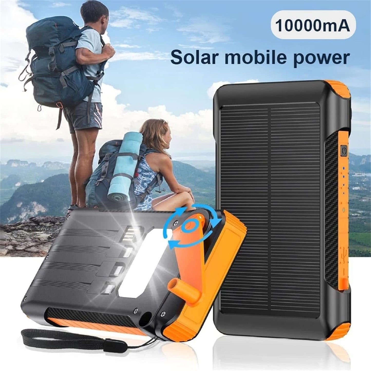 10000mAh Hand Crank Solar Power Bank Outdoor Emergency Powerbank LED Flashlight 5 Ports Phone Charger