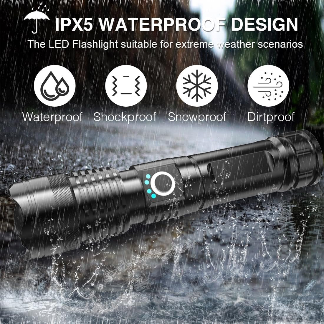 Rupyria LED Rechargeable Flashlights, 10000 Lumen Super Bright Led Flashlights with 5 Light Modes, Waterproof Design, Powerful Handheld Flash Light for Camping, Emergencies, Outdoor, Hiking (Black)
