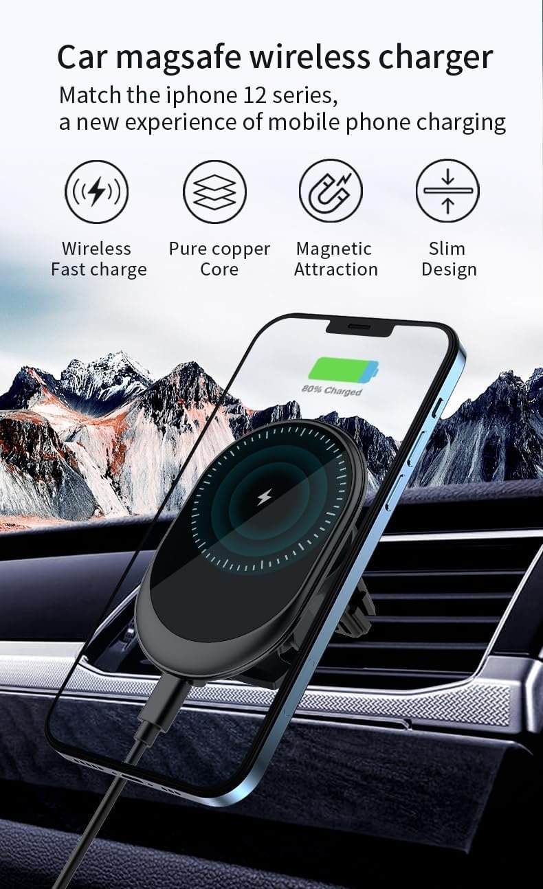 yuoscmc Car Charger Wireless, Magnetic Phone Holder with Wireless Charging, Universal Phone Mount Holder for Car Vent Wireless Charger iPhone 15/14/13, Samsung S24/S23/S22