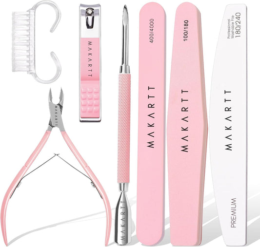Makartt Nail File and Buffer Set, Pink Basic Prep Kit with Cuticle Clipper, Trimmer, Pusher, Brush, Manicure Care Kit for Natural and Acrylic Nails (7pcs)