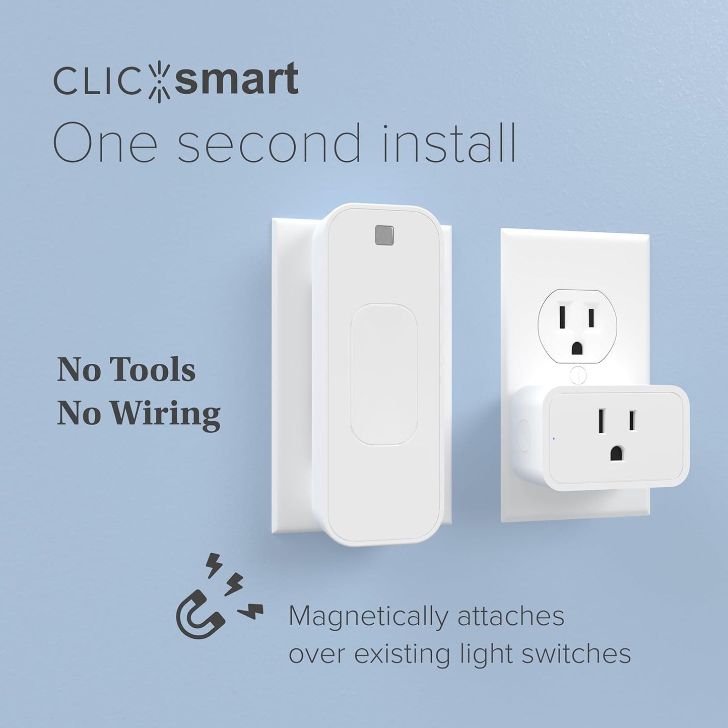 ClicSmart Rocker Smart Home Lighting Automation Starter Kit for Rocker Style Wall Switches Includes One WiFi Outlet Smart Plug and One Magnetic Bluetooth Rocker Switch Controller Free ClicSmart App