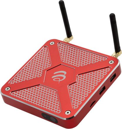 BuzzTV X5 SS Android 13 TV Box, 4GB DDR4 RAM, 128GB Storage, Scarlet Red Aluminum, Voice-Controlled Remote, Wireless AX, USB-C, Global Power Adapters