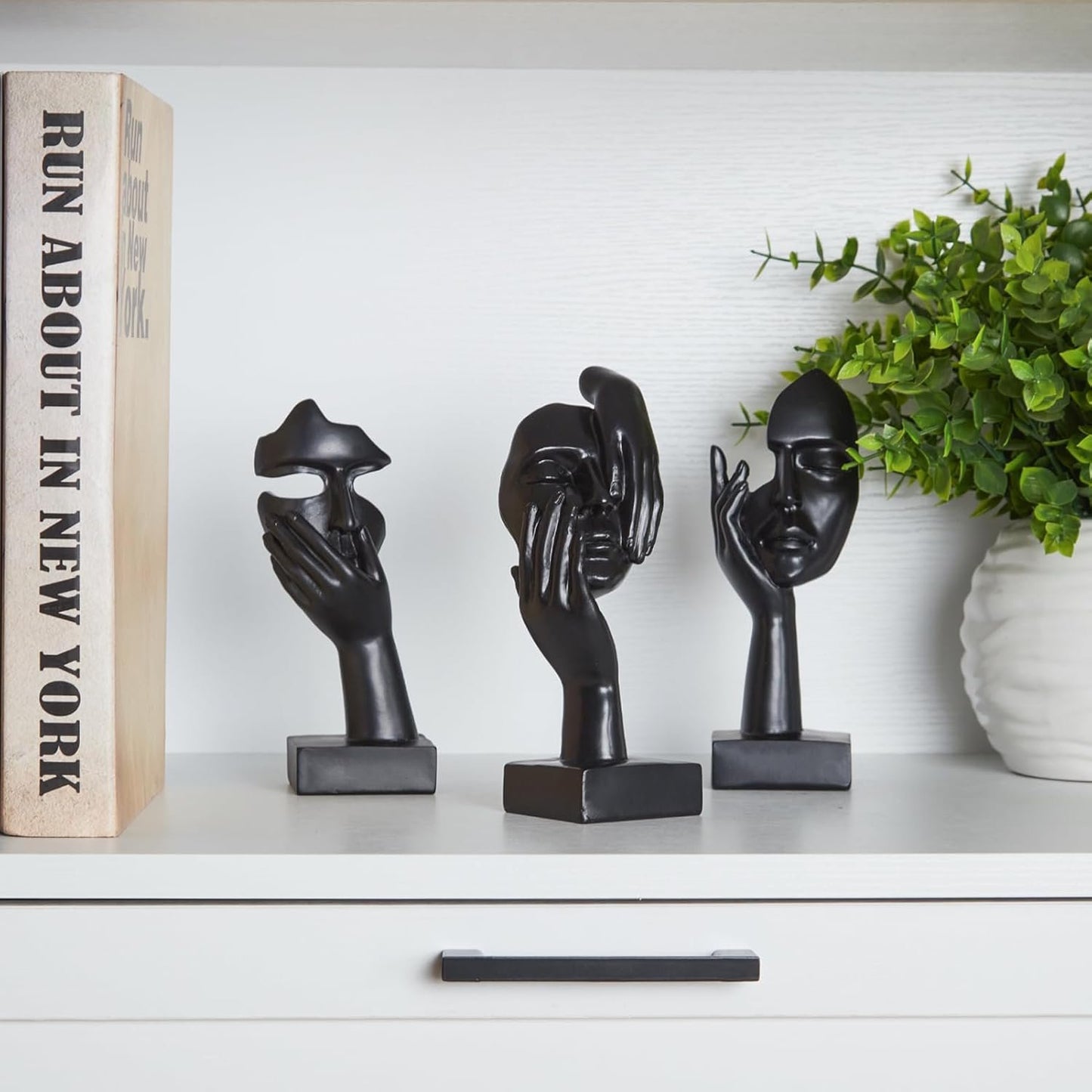 maozyiltle Set Of 3 Women Face Statues Collectible Black Gold Thinker Statue Modern Art Home Decor Gift For Friends (Black)