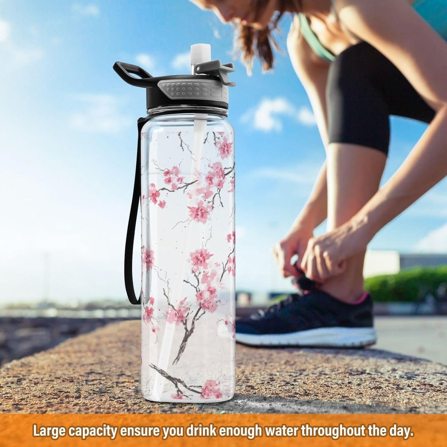 Blueangle 32oz Sakura Branches Sports Water Bottle with Straw, BPA Free Tritan Reusable Plastic Bottles for Gym and Outdoor（481）