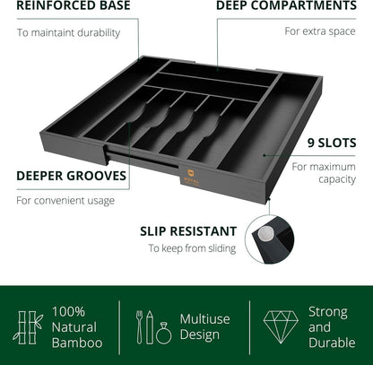 Bamboo Kitchen Drawer Organizer - Expandable Silverware Organizer/Utensil Holder and Cutlery Tray with Grooved Drawer Dividers for Flatware and Kitchen Utensils (Black, 9 Slots)